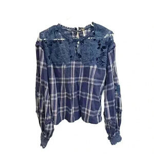 - Free People Navy Plaid and Lace Boho Blouse Size S, Pre-Owned